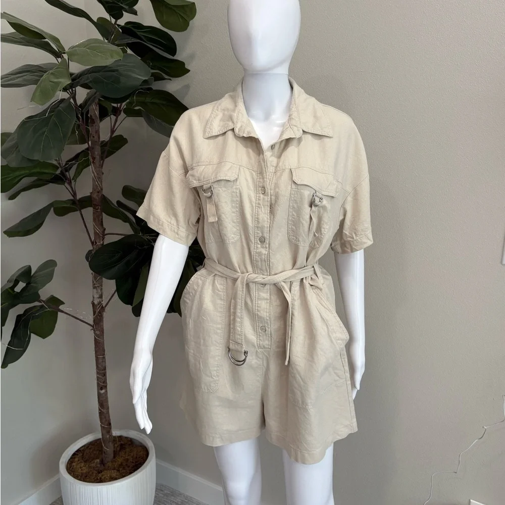 Zara Linen Blend Button Down Shirt Romper Size Large Cargo Pocket Utility Belted
